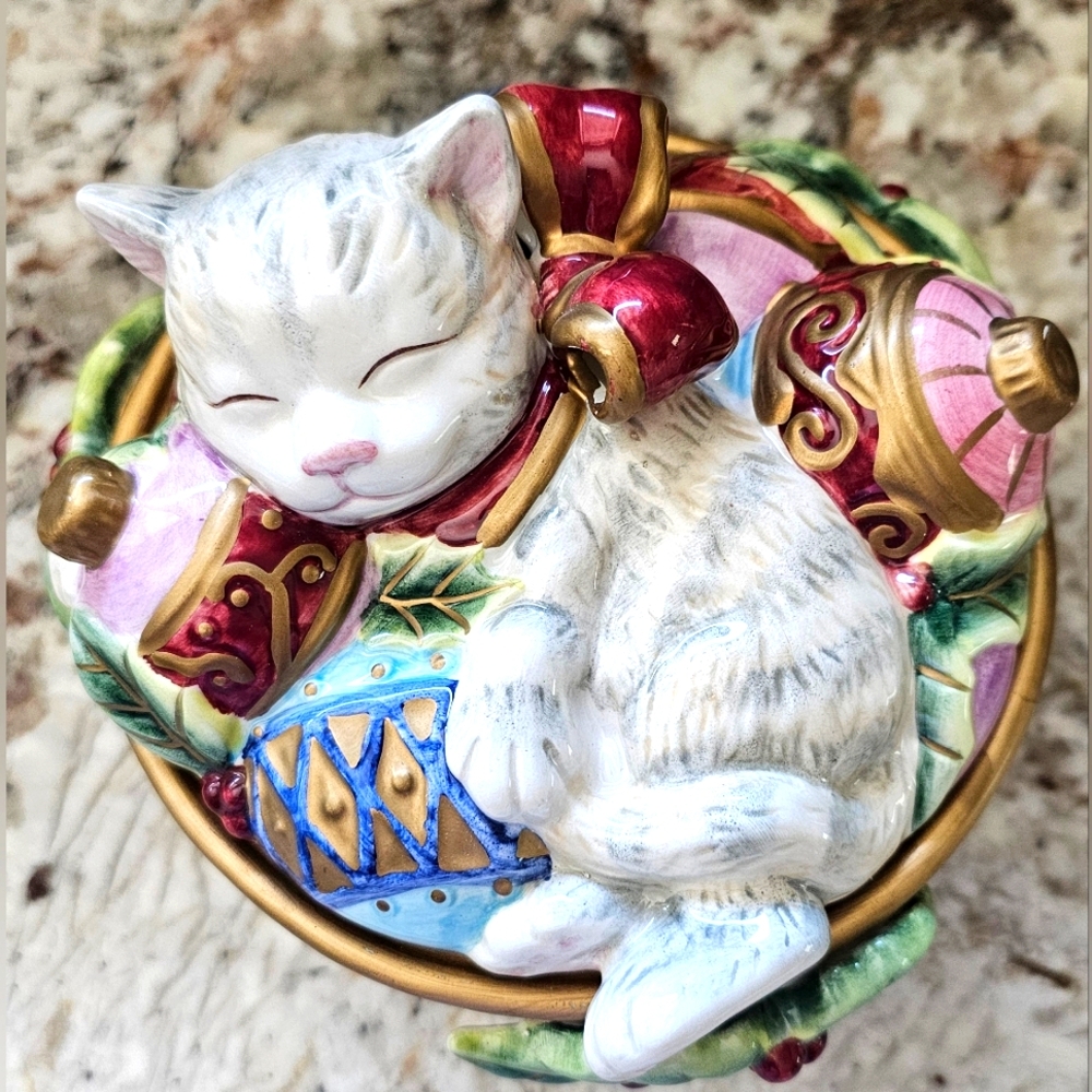 FITZ FLOYD Christmas Kitten Bowl Candy Dish Rare!!